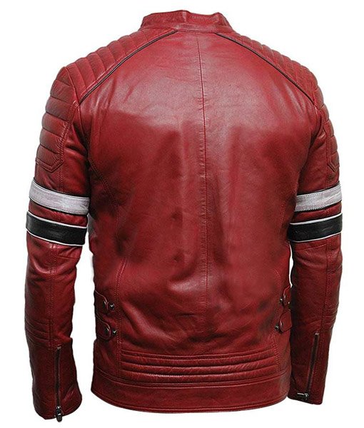 Striped Detailed Mens Striped Red Cafe Motorcycle Leather Jacket