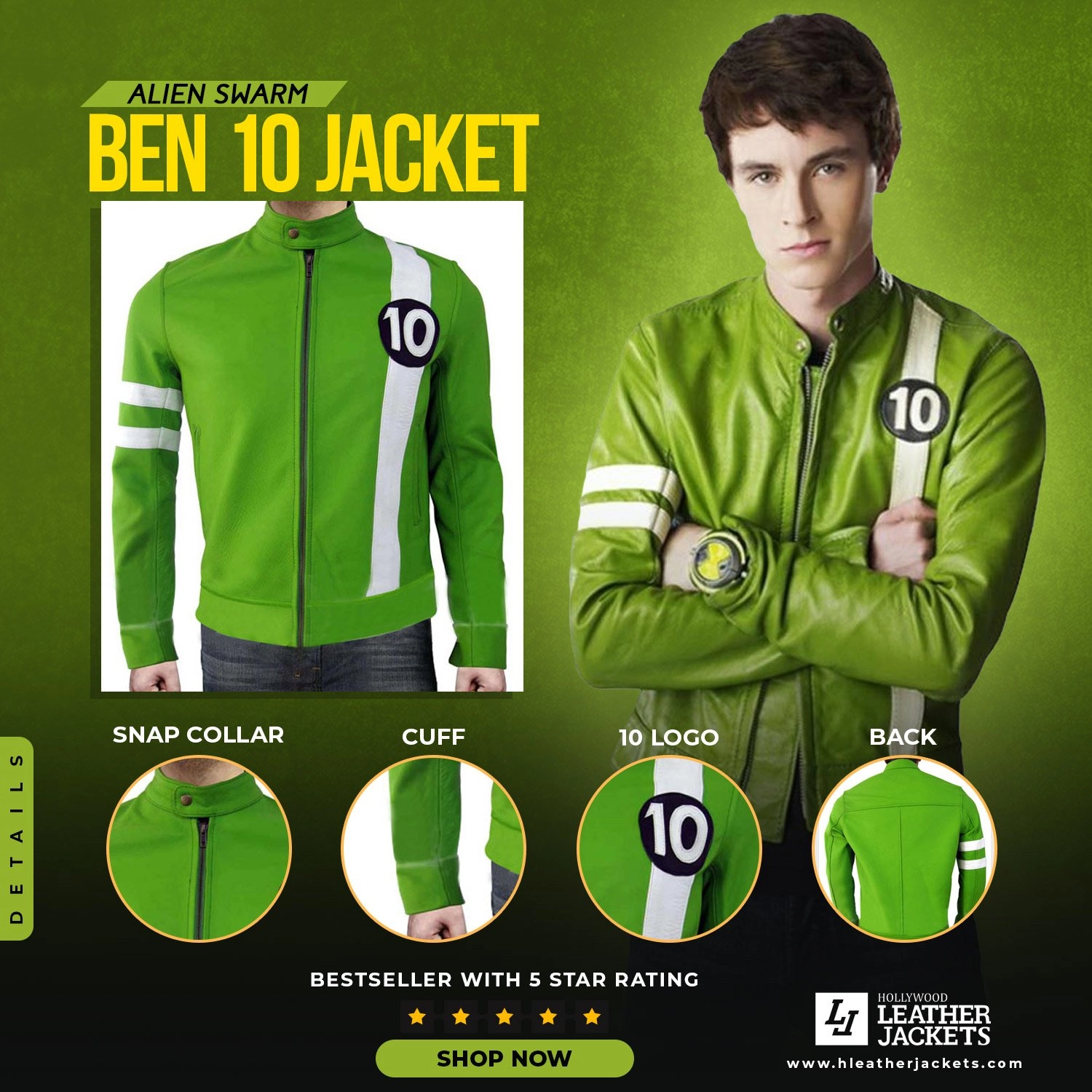 Ben 10 Jacket - Green Alien Swarm Biker Jacket