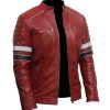 Mens Striped Leather Red Cafe Racer Jacket