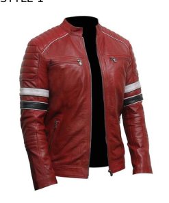 Mens Striped Leather Red Cafe Racer Jacket