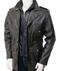 Mens Leather Black Peacoat