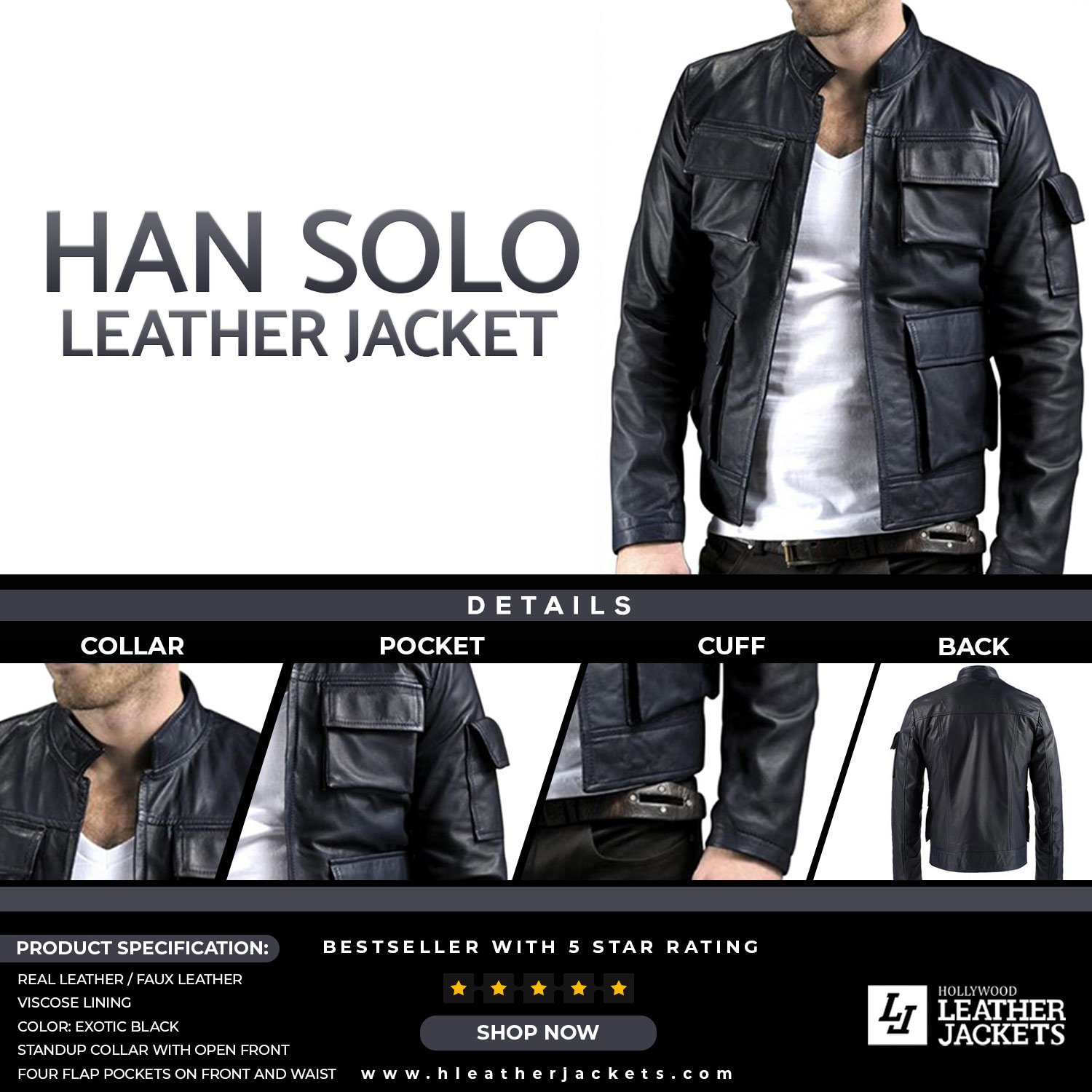 Han Solo Black Leather Jacket - Hollywood Leather Jackets