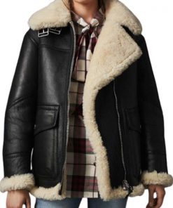Womens Black Leather Aviator Ivory Shearling Jacket