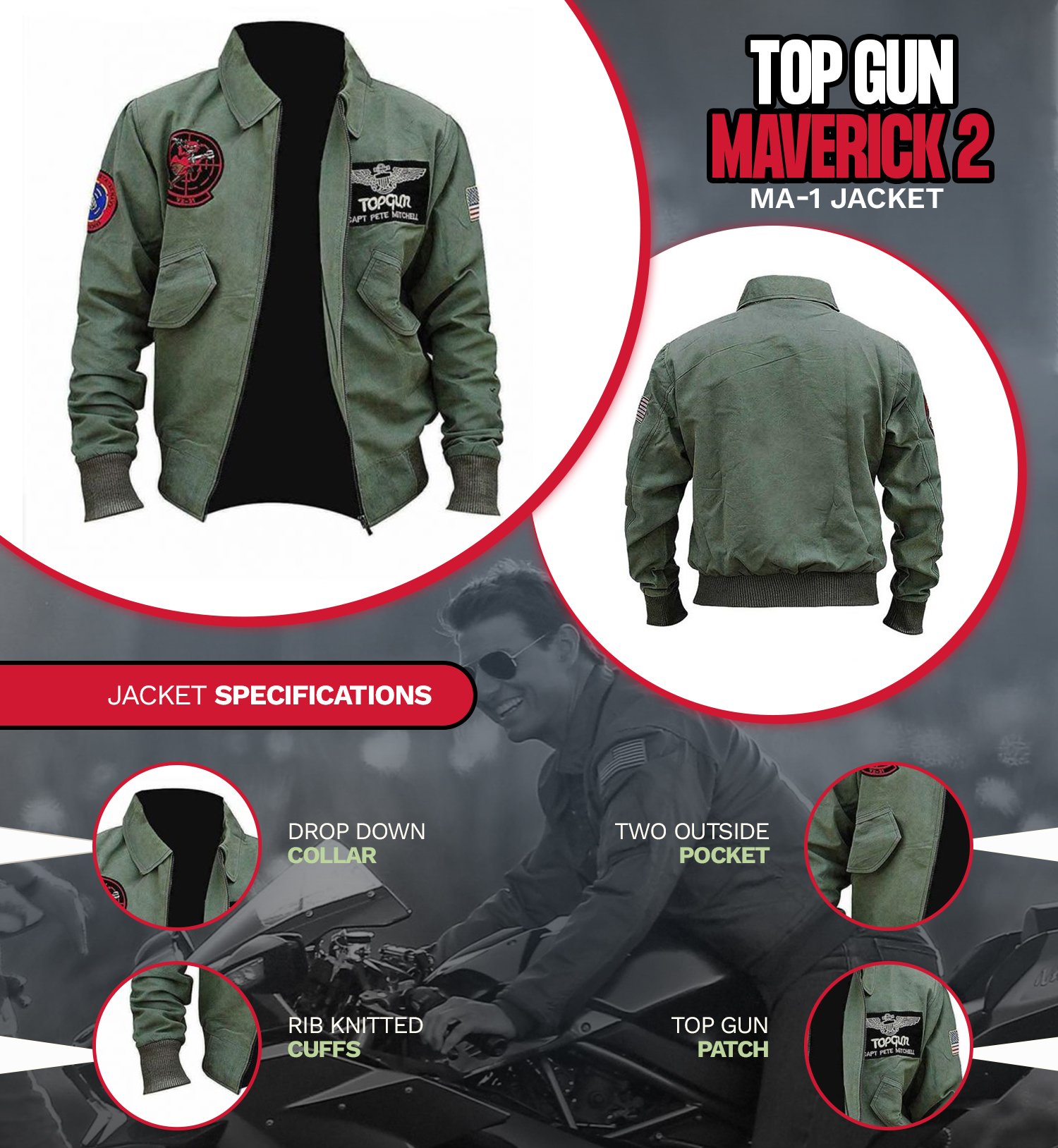 Top Gun Maverick Jacket - Green MA-1 Flight Bomber Jacket