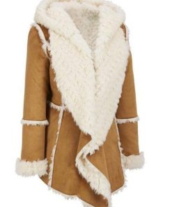 Women's Brown Leather Suede Faux Fur Overcoat With Hood
