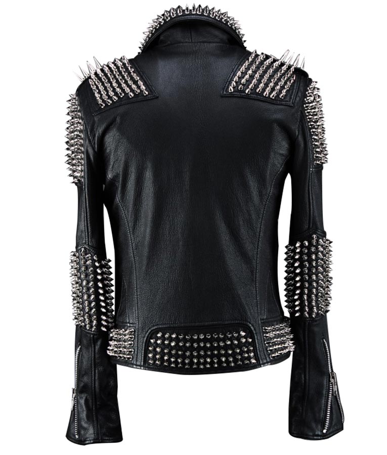 Asymmetrical Silver Spikes Studded Jacket for Womens