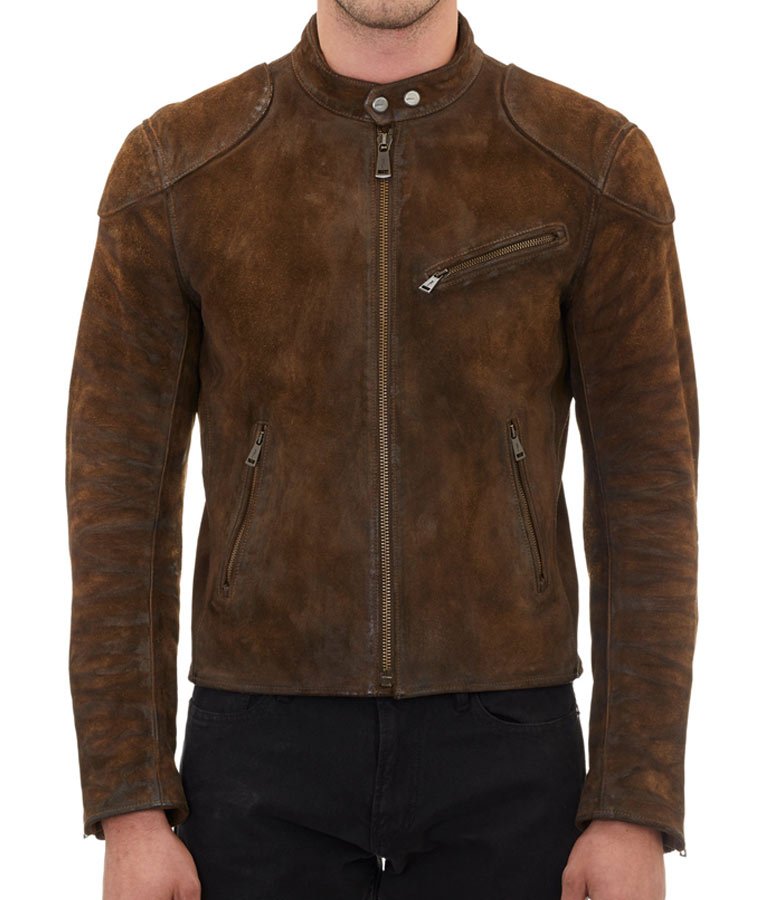 Mens Brown Cafe Racer Suede Leather Jacket - Hleatherjackets