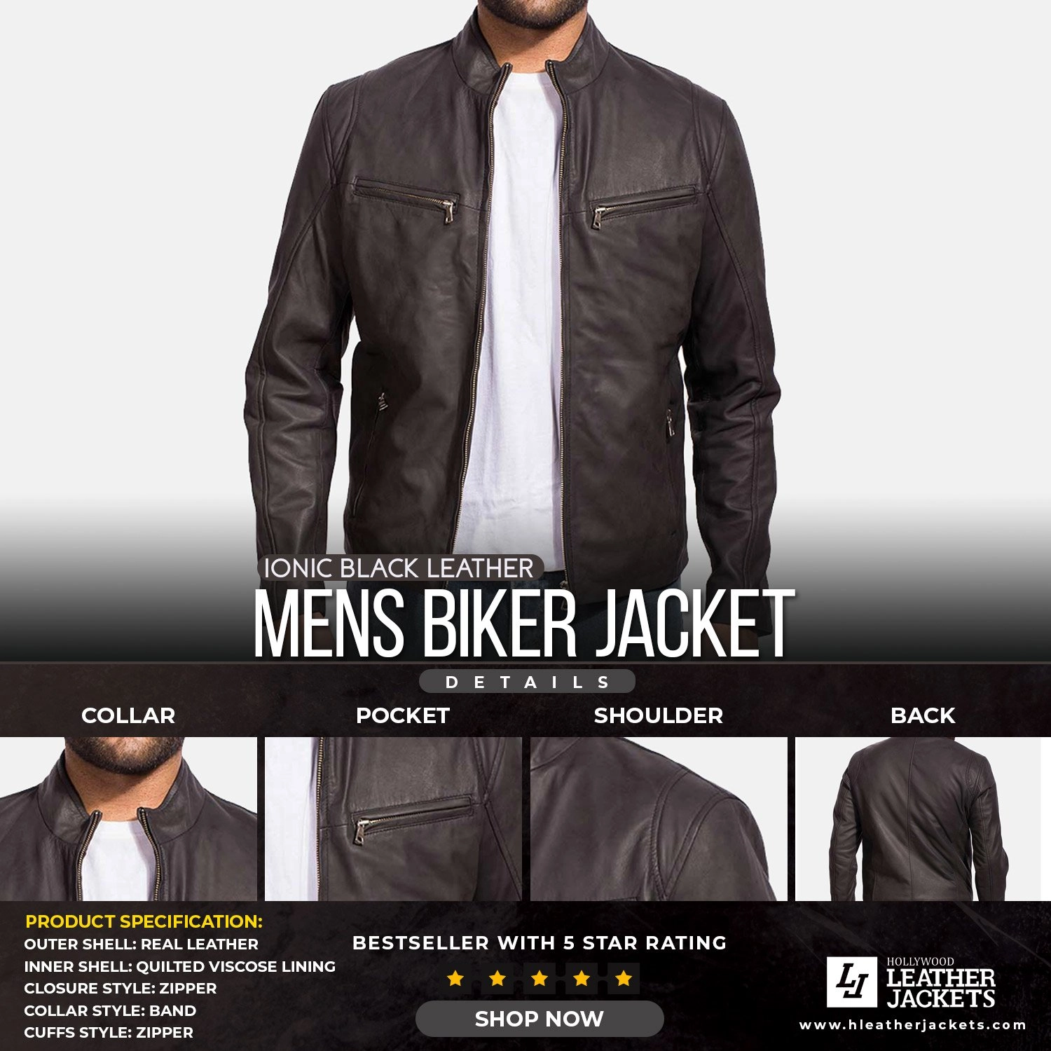 Ionic Black Leather Biker Jacket for Mens