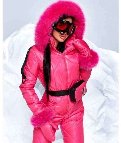 Pink Ski Jumpsuit  Pink Puffer Ski Fur Hood Jumpsuit