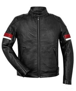 Black Cafe Racer Red and White Striped Leather Jacket