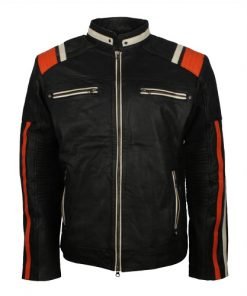 Mens Cafe Racer Striped Black Retro Biker Jacket