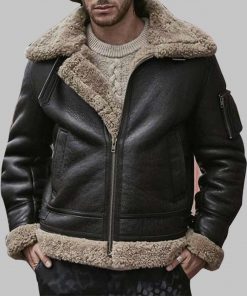 Mens Black Sheepskin Aviator B3 Shearling Leather Jacket