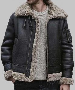 Mens Black Aviator Sheepskin Leather Shearling Jacket