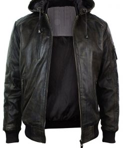 Dark Brown Mens Distressed Hooded Leather Jacket