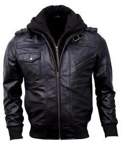 Mens Bomber Black Hooded Leather Jacket
