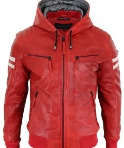 Men’s Hooded Red Bomber Leather Jacket