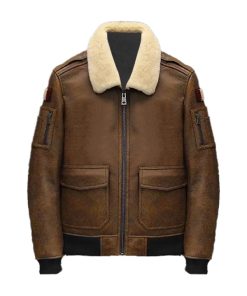 Brown RAF B3 Pilot Aviator Flying Bomber Embroidered Shearling Leather Jacket For Mens