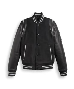Black Varsity Bomber Leather Jacket With Stripes