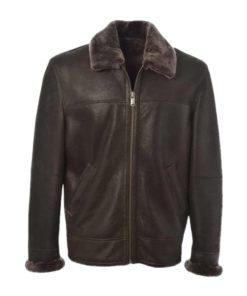Brown Shearling Bomber Leather Jacket For Men’s For Sale