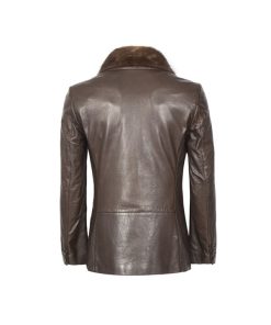 Brown Shearling Trimmed Double Breasted Leather Coat