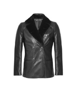 Double Breasted Black Shearling Leather Coat