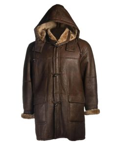 Men Brown Shearling Bomber Hoodie Coat