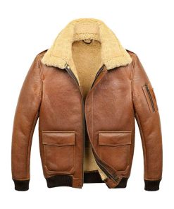 Men?s Aviator Camel Brown A2 Fur Shearling Leather Bomber Jacket