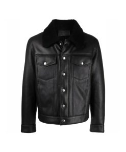 Black Leather Trucker Shearling Bomber Jacket For Men