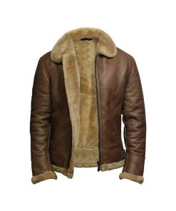 Brown Vintage Shearling Bomber Leather Aviator Jacket for Men’s
