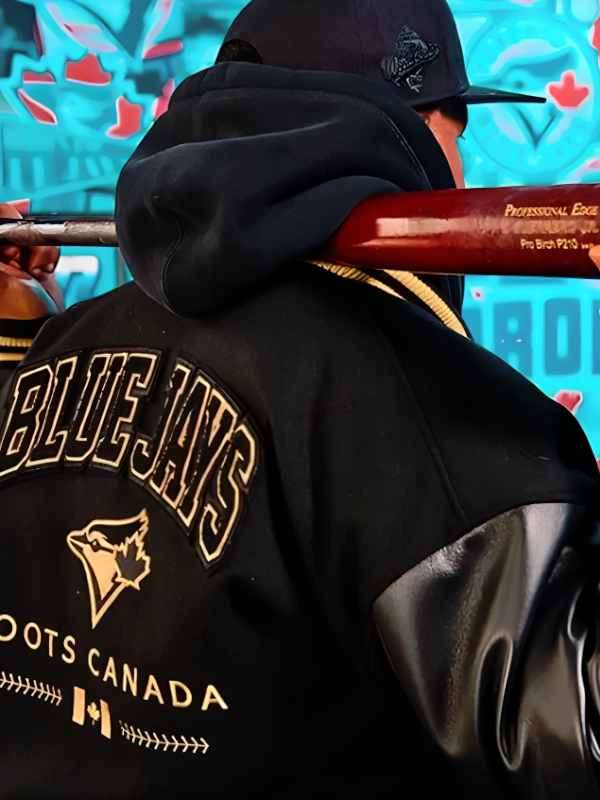 Roots Toronto Blue Jays 50th Anniversary Merch Varsity Jacket in Black Roots Blue Jays 50th Anniversary Varsity Jacket